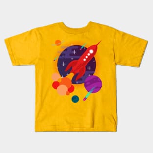 Red Rocket ship exploring space Kids T-Shirt